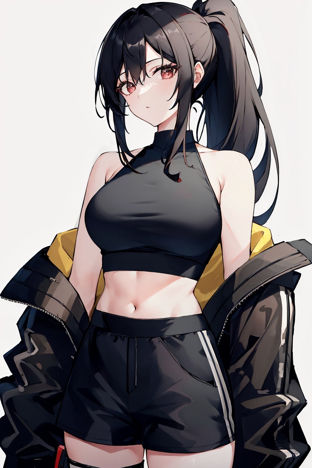 masterpiece, best quality, highres, detailled background, 1woman, black hair, ponytail, black crop top, jacket, short pant