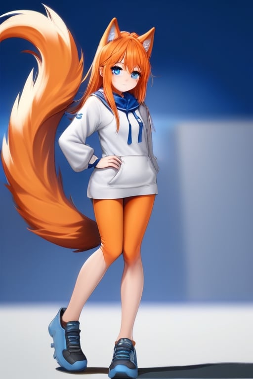 wolf gril ,8k, orange_hair, higt quality, beautiful gril, blue eyes, whole body, with orange wolf tail, only feet near the camera