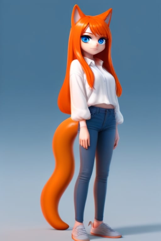 wolf gril ,8k, orange_hair, higt quality, beautiful gril, blue eyes, whole body, with orange wolf tail, only feet near the camera,3d style,pepe_frog