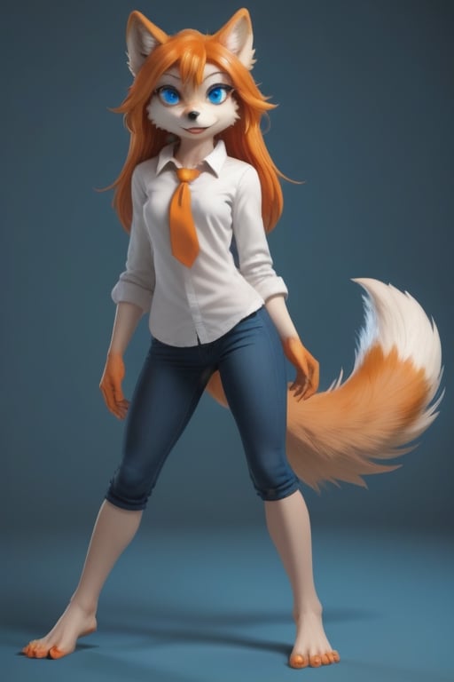 wolf gril ,8k, orange_hair, higt quality, beautiful gril, blue eyes, whole body, with orange wolf tail, only feet near the camera,3d style,pepe_frog,Mar1lyn_pos3