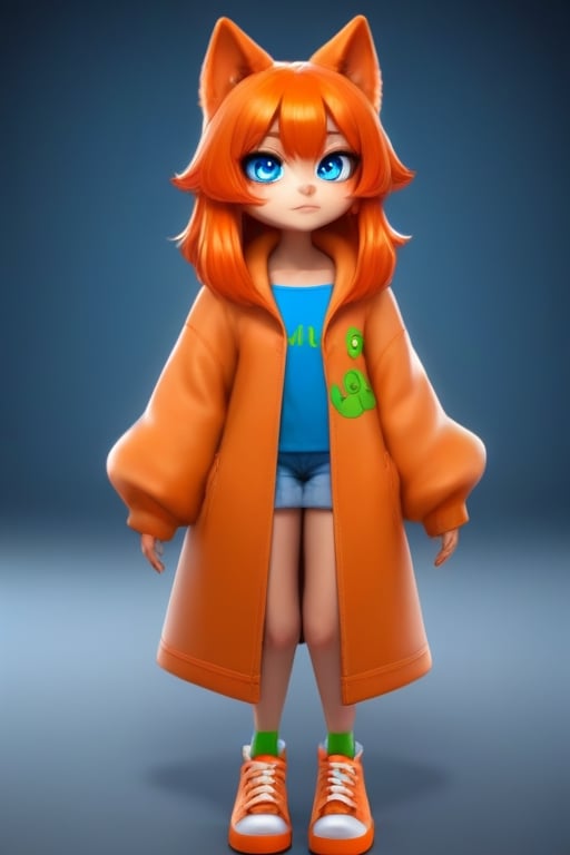 wolf gril ,8k, orange_hair, higt quality, beautiful gril, blue eyes, whole body, with orange wolf tail, only feet near the camera,3d style,pepe_frog