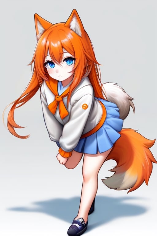 wolf gril ,8k, orange_hair, higt quality, beautiful gril, blue eyes, whole body, with orange wolf tail, only feet near the camera