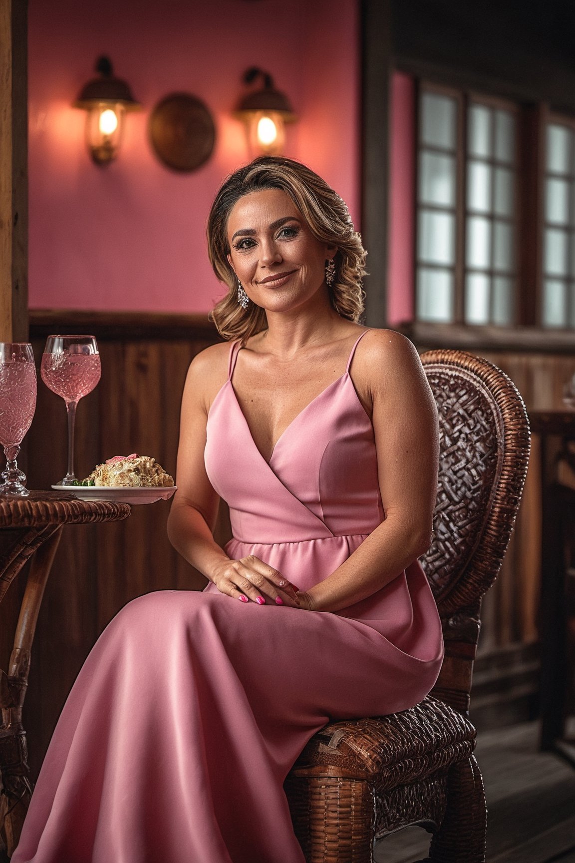 30 years old woman, sitting on chair, pink dress, Tokina AT-X 11-16mm F/2.8 Pro DX II, enchanting lighting, lively tavern scenes, photo-realistic techniques, Artgerm style, Poolcore, (Best quality:1.5, masterpiece:1.5)