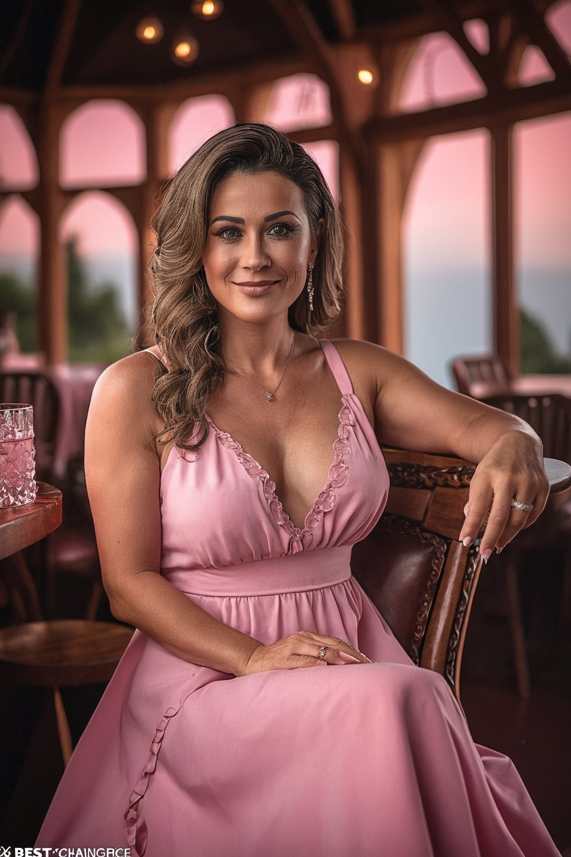 30 years old woman, sitting on chair, pink dress, Tokina AT-X 11-16mm F/2.8 Pro DX II, enchanting lighting, lively tavern scenes, photo-realistic techniques, Artgerm style, Poolcore, (Best quality:1.5, masterpiece:1.5)