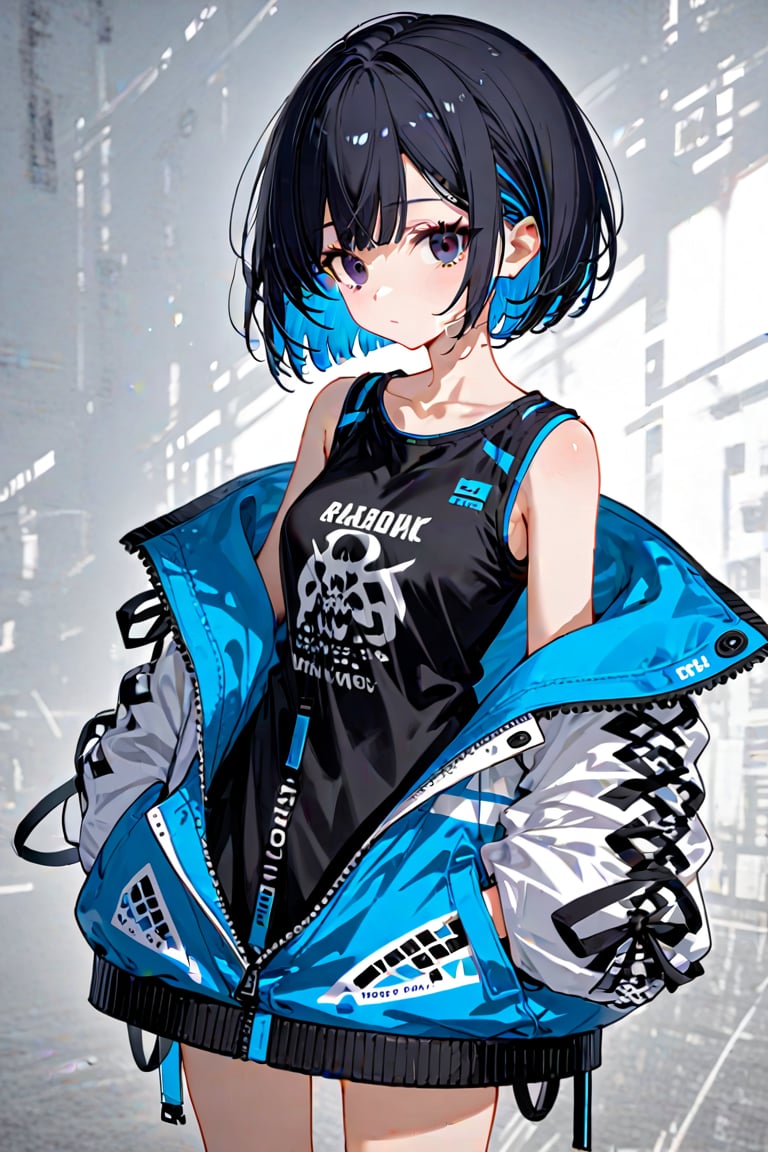 1girl. solo, alone, short hair, pixie cut, jet-black hair, fluorescent blue inner hair color, black eyes, clothes, random clothes,