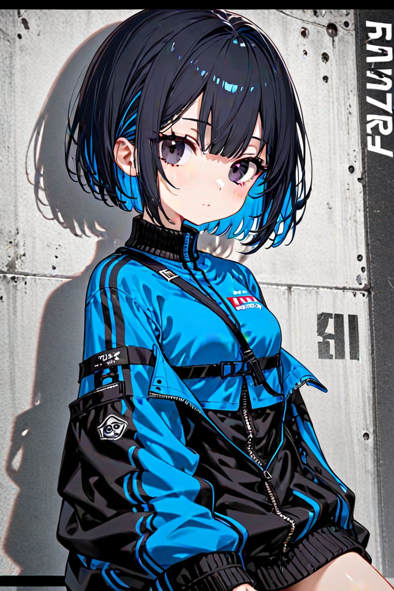 1girl. solo, alone, short hair, pixie cut, jet-black hair, fluorescent blue inner hair color, black eyes, clothes, random clothes,