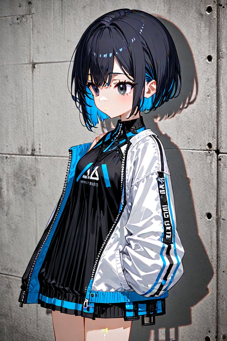 1girl. solo, alone, short hair, pixie cut, jet-black hair, fluorescent blue inner hair color, black eyes, clothes, random clothes,