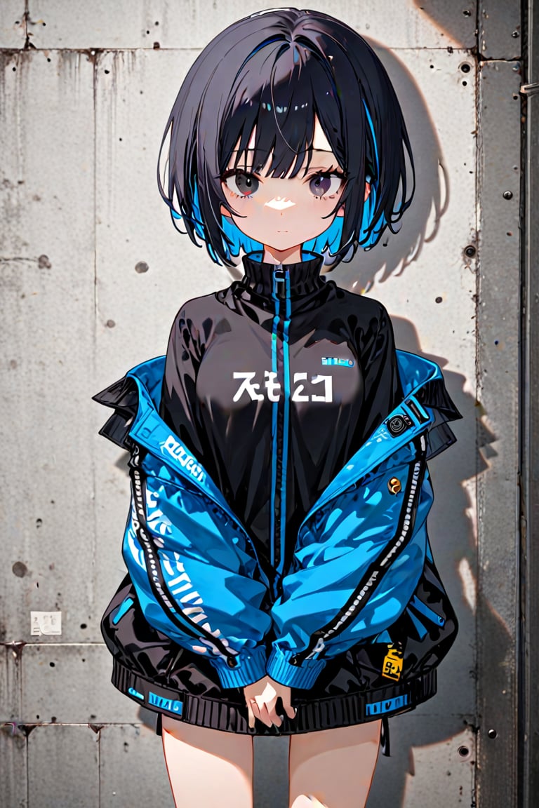 1girl. solo, alone, short hair, pixie cut, jet-black hair, fluorescent blue inner hair color, black eyes, clothes, random clothes,