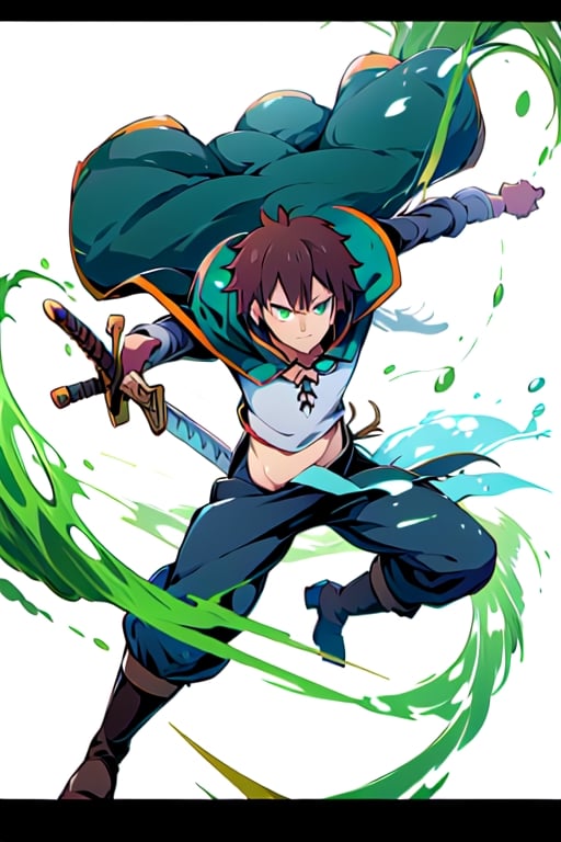 anime, kazuma, 1man, solo, brown hair, short hair, white shirt, pants, boots, green eyes, green cape, serious, sword, wowdk