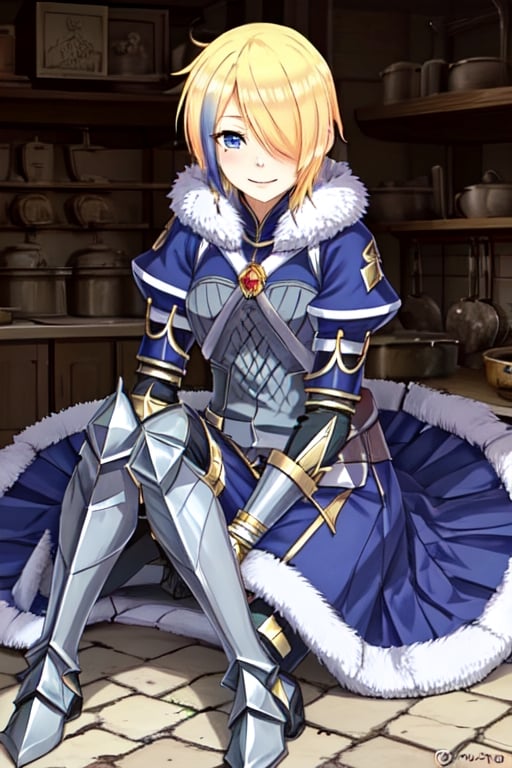 blonde hair, 1girl, blue hair, hair over one eye, multicolored hair, solo, blue eyes, armor, short hair, mole, mole under eye, fur trim, claire-liver020, blue armor,  boots, smile