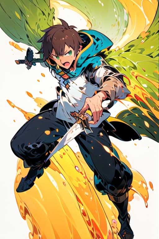 anime, kazuma, brown hair, short hair, white shirt, pants, boots, green eyes, green cape, serious, sword, Angel