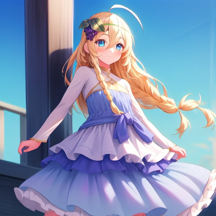 1girl, solo, blonde hair, long hair,hair between eyes, blue eyes,ahoge, braid, hair ornament,grapes, blue dress, long sleeves, gradient dress, layered dress, dress, white dress