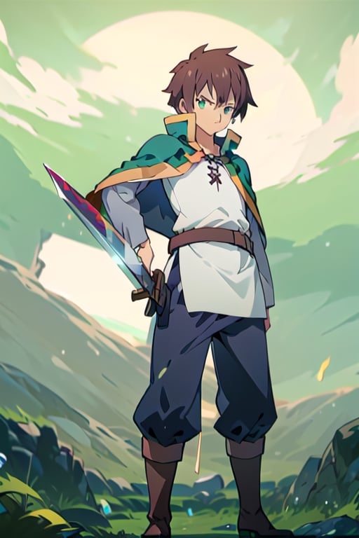 anime, kazuma, brown hair, short hair, white shirt, pants, boots, green eyes, green cape, serious,((buster_sword, sword