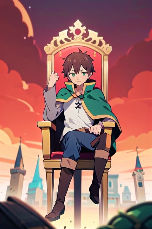 anime, kazuma, 1man, solo, brown hair, short hair, white shirt, pants, boots, green eyes, green cape, serious, sitting, (trone:1.2), gold trone, palace, castle