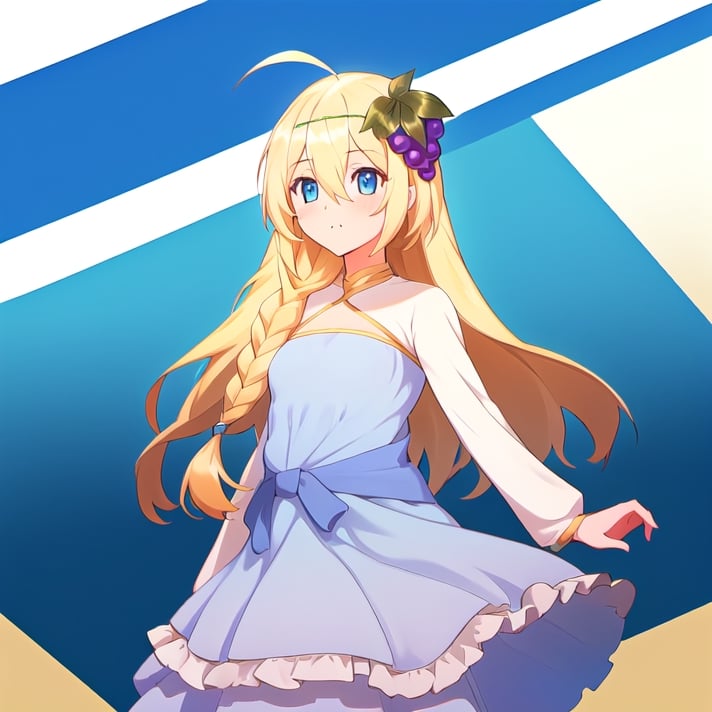 1girl, solo, blonde hair, long hair,hair between eyes, blue eyes,ahoge, braid, hair ornament,grapes, blue dress, long sleeves, gradient dress, layered dress, dress, white dress