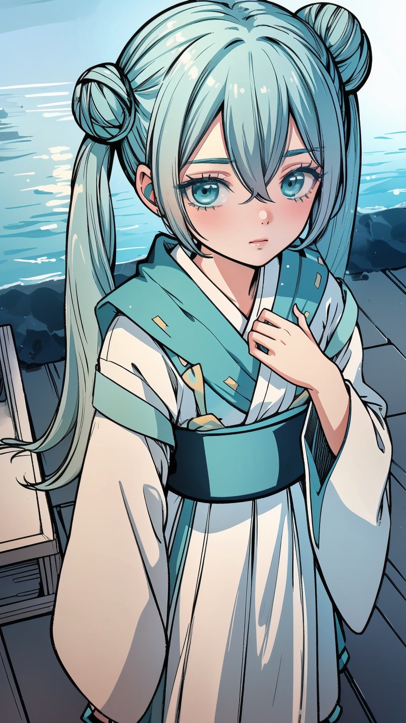 (masterpiece, best quality), ray tracing, absurdres,hatsune miku, aino,, 1girl, hanfu, solo, twintails, aqua eyes,aqua hair, hair bun, red ribbon,hair between eyes,long hair, double bun, shawl, looking at viewer,, sash, dress, hagoromo,outdoors,,blush,, ,
