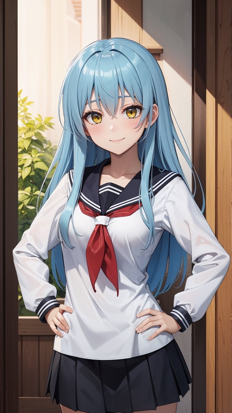 (masterpiece, best quality),ray tracing,absurdres,HDR,1girl,rimuru tempest,blue hair,yellow eyes, long hair,large breats, school uniform, skirt, serafuku, sailor collar, v over eye, looking at viewer, pleated skirt, red neckerchief, neckerchief, white shirt, v, long sleeves, shirt, hand on hip, closed mouth, hair between eyes, smile, , one side up, bangs, sailor shirt, solo, black skirt 
