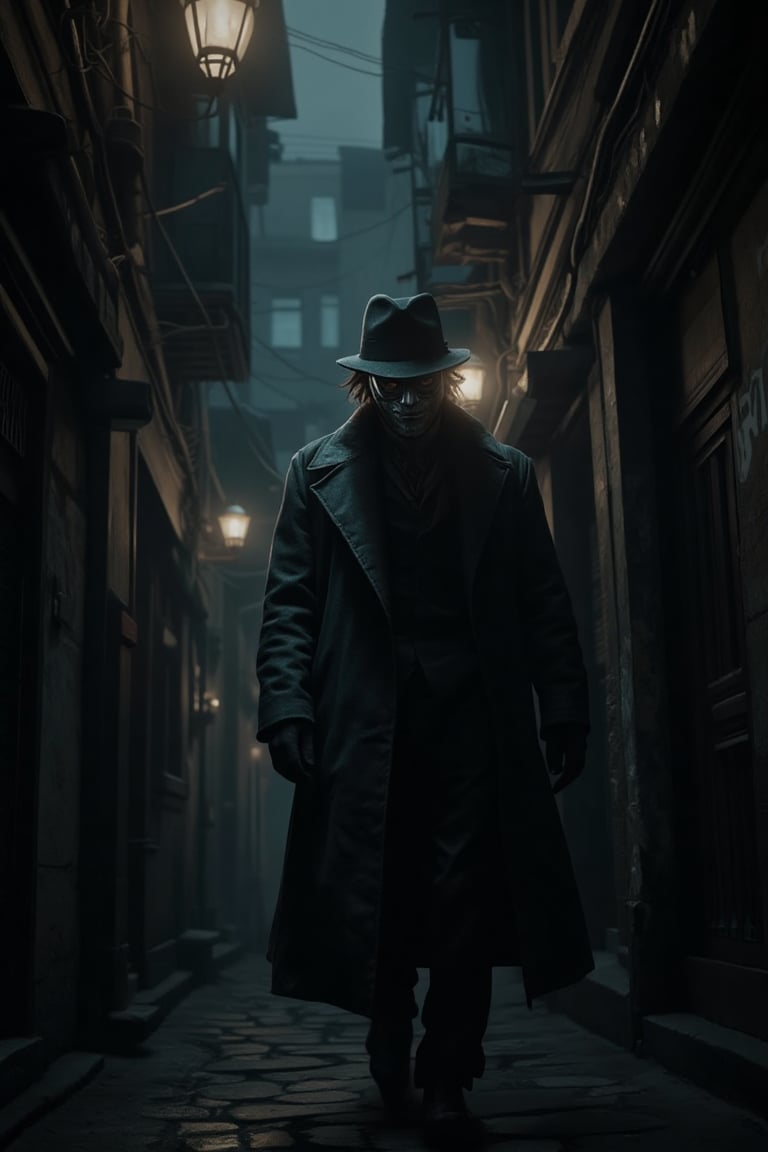 A dark alleyway at midnight, dimly lit by flickering street lamps, casts a haunting shadow on the walls. In the center, a phantom figure in a worn fedora and long coat emerges from the darkness, its face obscured by a silver mask. The atmosphere is tense and foreboding, as if the phantom is about to vanish into thin air. A chill runs down the spine.