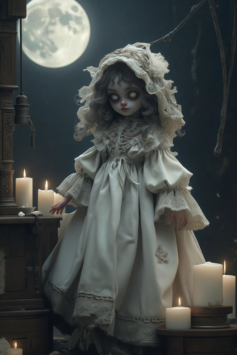 1girl, haunted doll wear a white dress, white candles everywhere, FULL MOON BACKGROUND