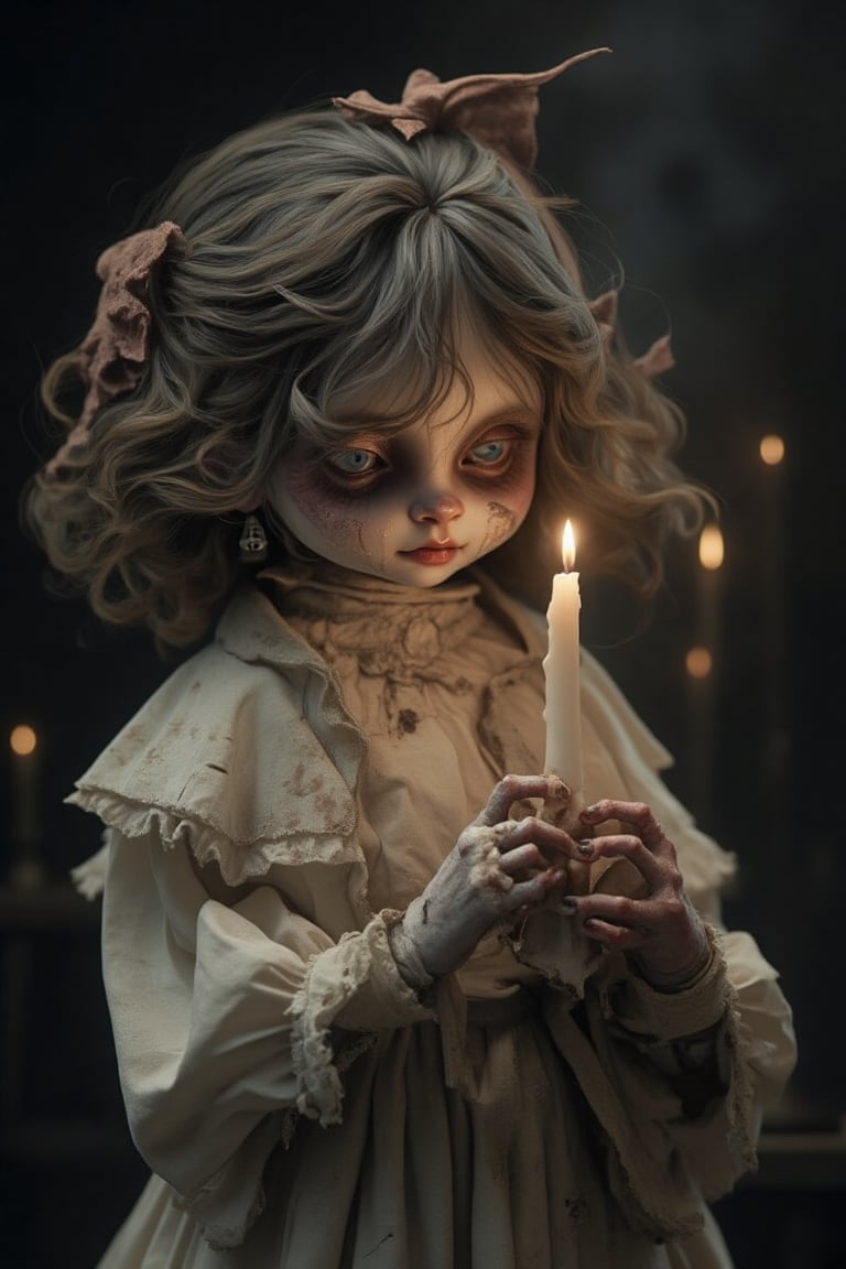 1girl, doll with white dress holding a candle, and melting like a candle, little candle fire on top, candle everywhere, horror but mysterious Bokeh beautiful aesthetic