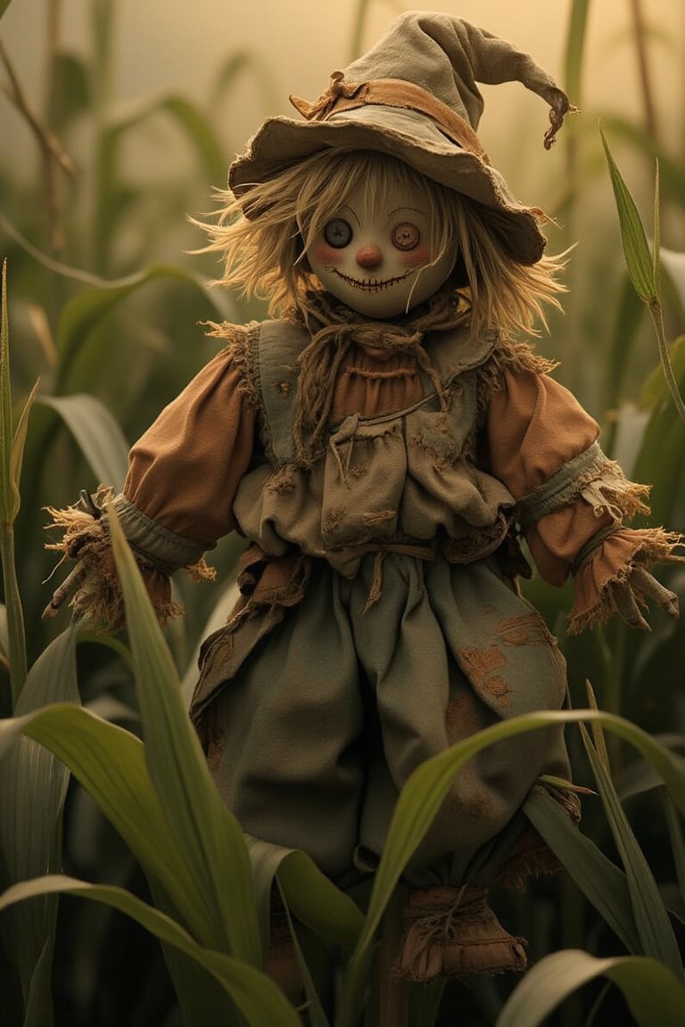 A vintage-inspired photograph of a SCARECROW doll sitting atop a lush green CORNFIELD, its straw-stuffed body and ragged clothes blending seamlessly with the rustic surroundings. The doll's bright, painted-on SMILE and button eyes seem to hold a sense of friendly warning to any unwanted visitors. A warm SUNBEAM casts a golden glow over the scene, with the corn stalks swaying gently in the breeze, as if trying to get closer to the endearing SCARECROW's outstretched arms.,3d haunted doll