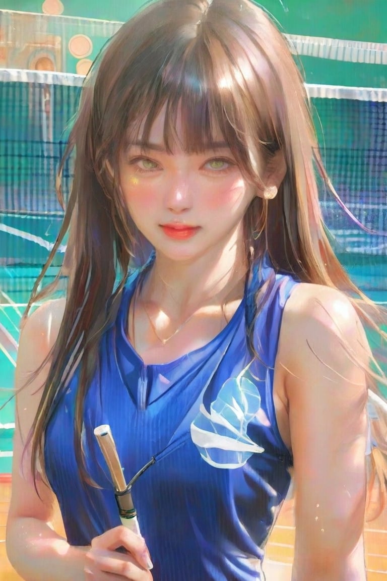 (((masterpiece))), hyper detailed, (3girls:1.7), ((best quality)), (badminton, freestyle, badminton court, sport shot:1.3), (green eyes, blonde hair | red eyes, black hair | brown eyes, brown hair:1.3), (no bangs, very long hair, side ponytail:1.2), (fro below, ai-generated, photo realistic:1.6), (bright glowing floating particles, lens flare abuse,:1.1), light rays, lens flare, more_details:1, more_details:1.5, (nationality badminton tanktop:1.5), (abs, choker:1.4), navel, bracelet, anklet, hair ribbon, grip badminton racket, shuttlecock, badminton pose