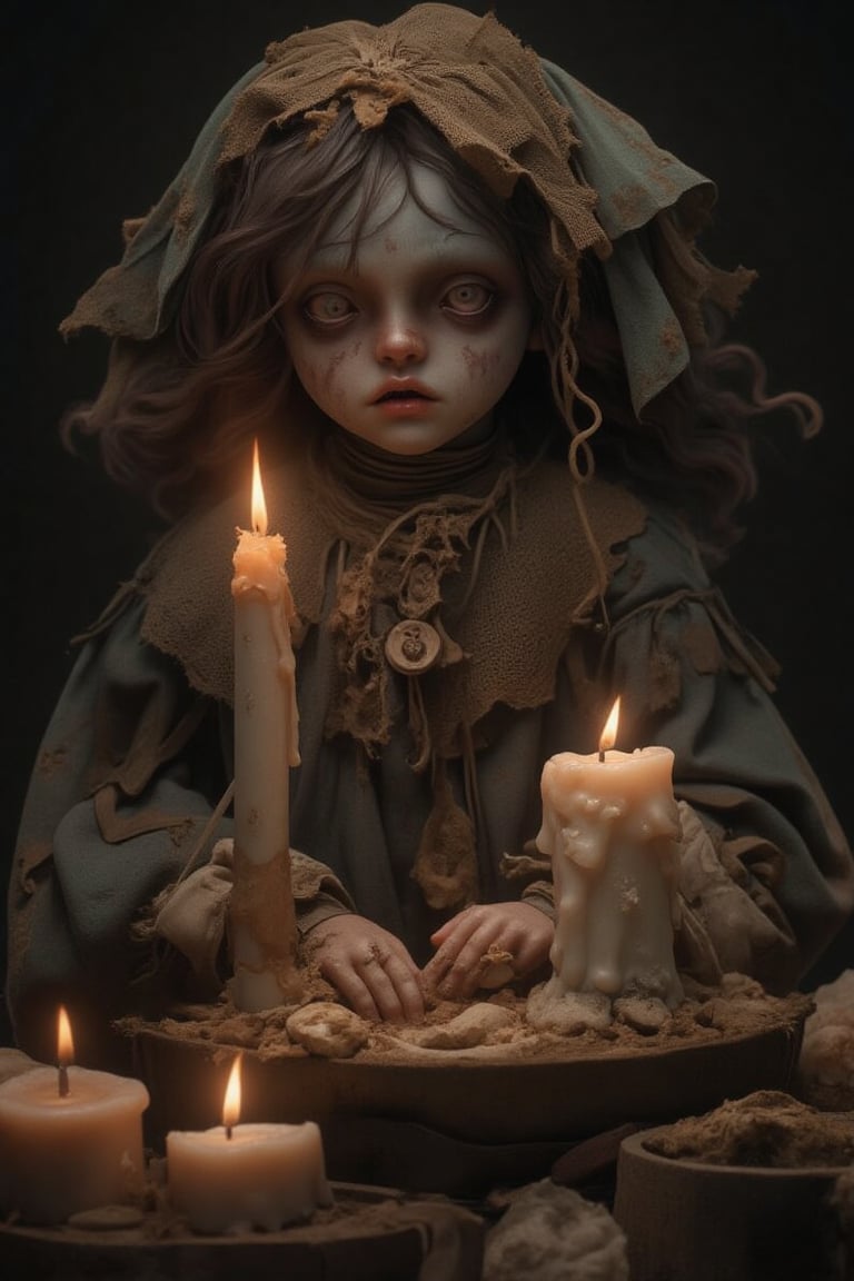 1girl, doll melting like a candle, little candle fire on top, candle everywhere, horror but mysterious beautiful aesthetic