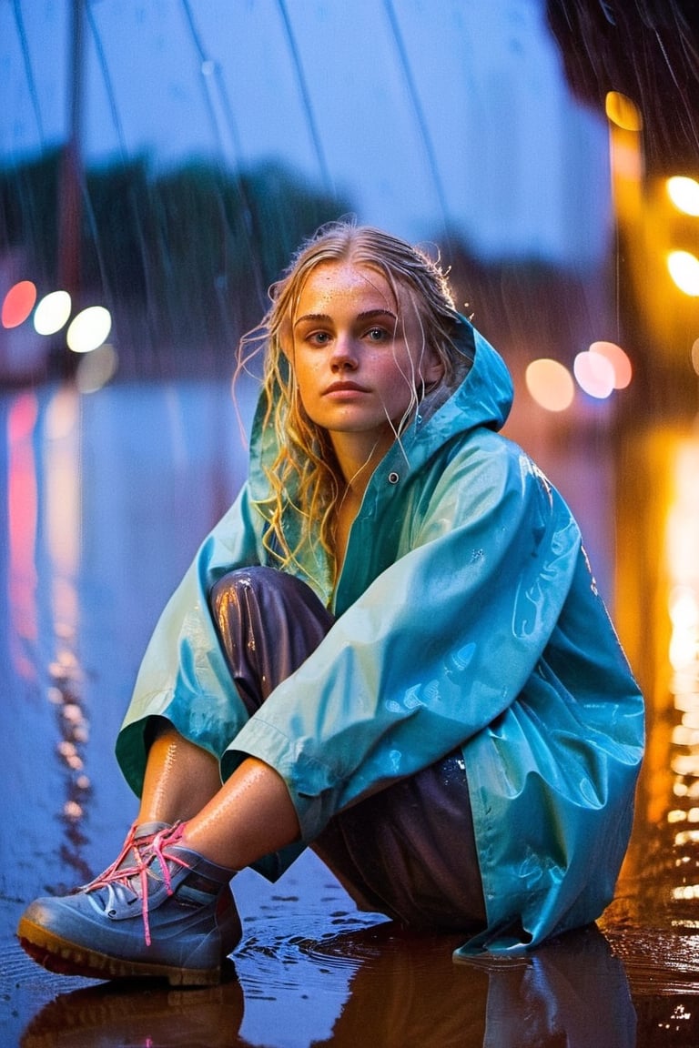 20-year-old blonde girl, sitting in rain, soaked clothes, reflective puddles, city lights in the background, (impressionism:1.5, vibrant colors:1.5)