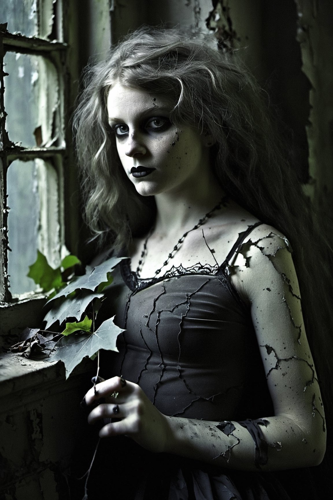 Young girl, ragged clothing, in an abandoned room, crumbling paint, ivy creeping through a broken window, moonlight, (gothic:1.5, desaturated colors:1.5)