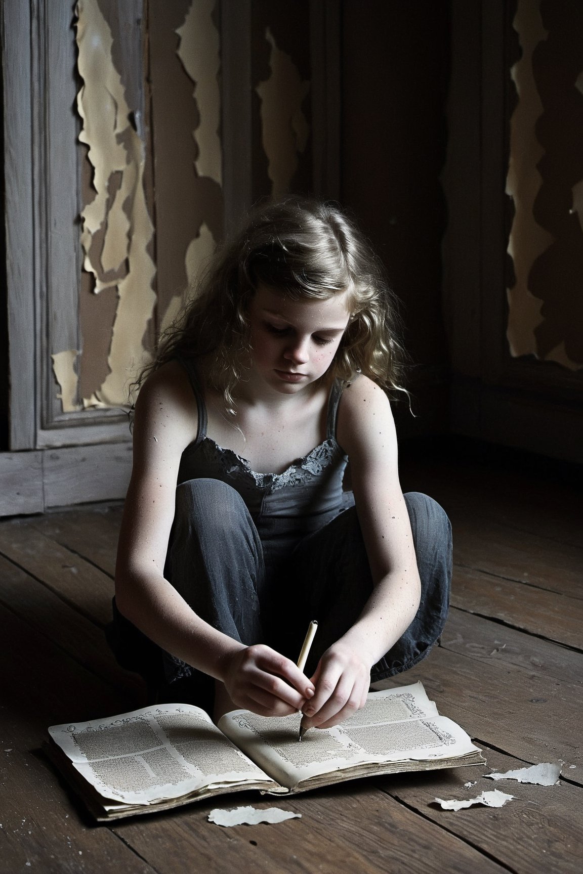 Teenage girl, torn diary in hand, sitting on dusty wooden floor, peeling wallpaper, solitary candle, shadows dancing, (surrealism:1.5, chiaroscuro:1.5), (Best quality:1.5, masterpiece:1.5).