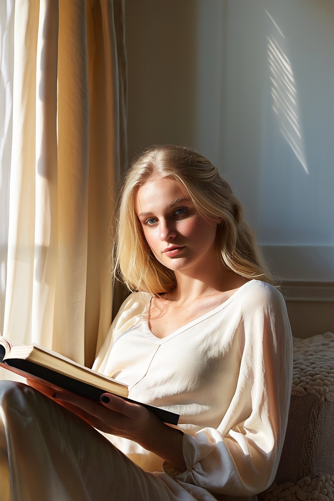 20-year-old blonde girl, lounging on the bed, morning sunlight filtering through sheer curtains, scattered books, (realism:1.5, soft lighting:1.5)