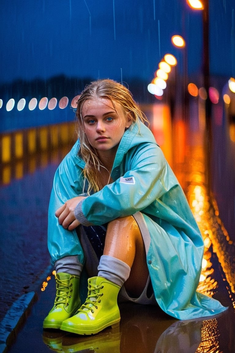 20-year-old blonde girl, sitting in rain, soaked clothes, reflective puddles, city lights in the background, (impressionism:1.5, vibrant colors:1.5)