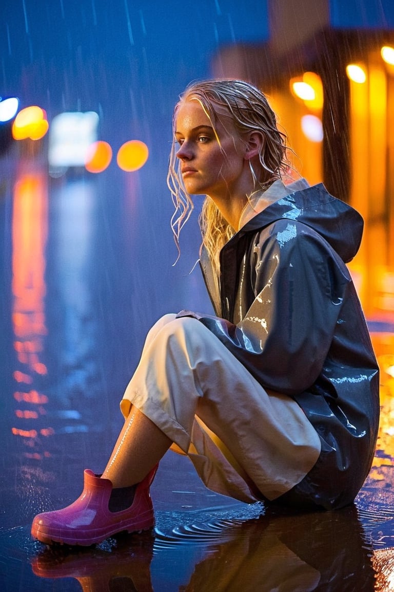 20-year-old blonde girl, sitting in rain, soaked clothes, reflective puddles, city lights in the background, (impressionism:1.5, vibrant colors:1.5)