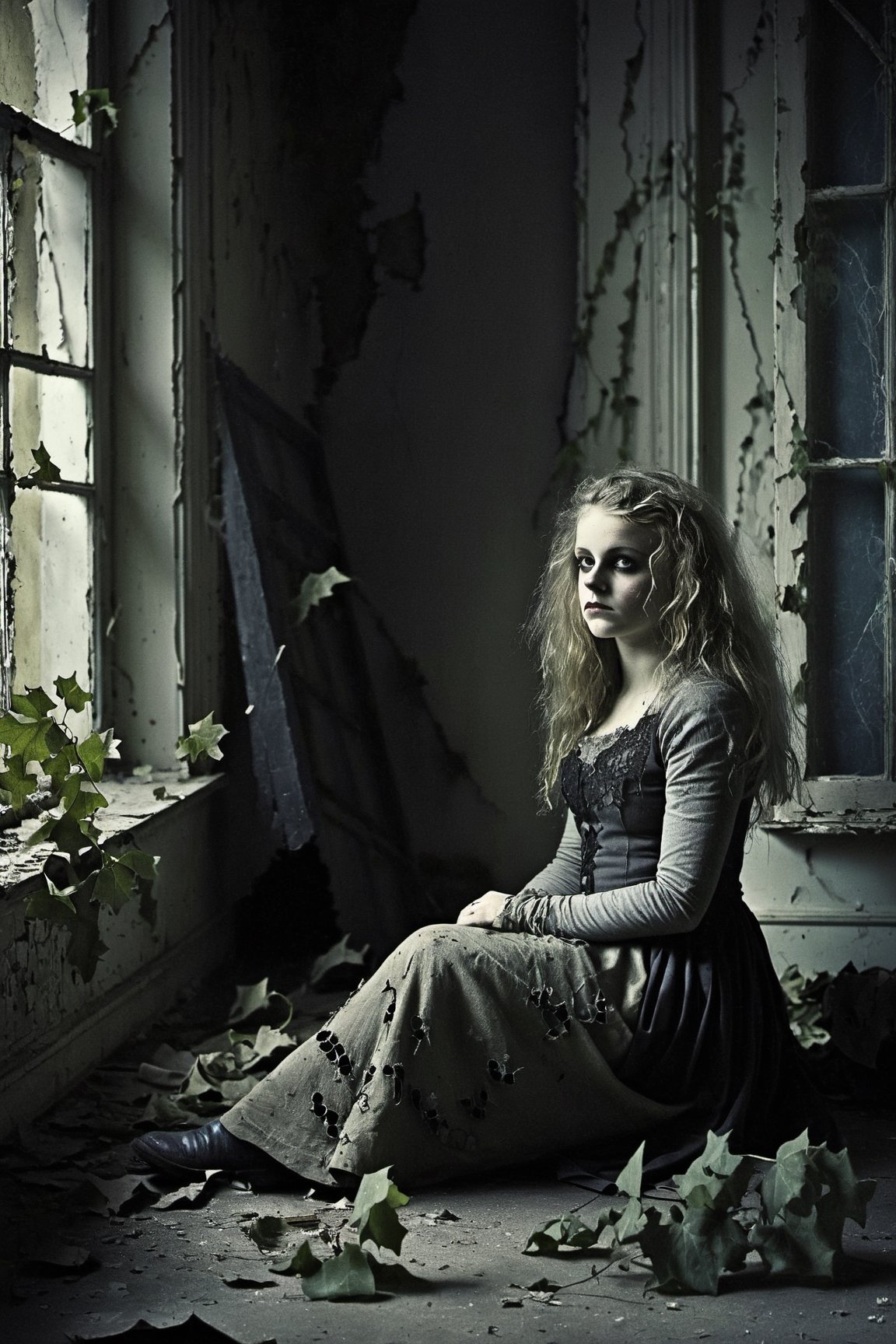 Young girl, ragged clothing, in an abandoned room, crumbling paint, ivy creeping through a broken window, moonlight, (gothic:1.5, desaturated colors:1.5), (Best quality:1.5, masterpiece:1.5)