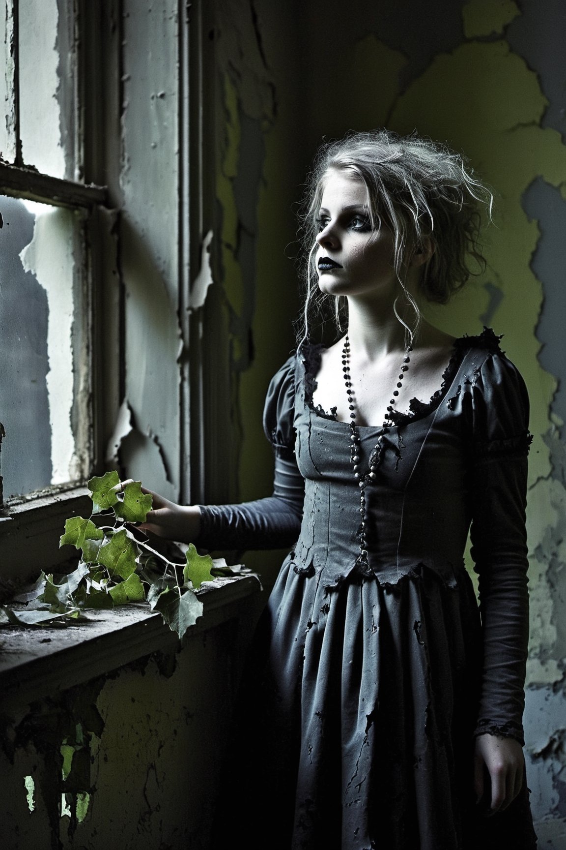 Young girl, ragged clothing, in an abandoned room, crumbling paint, ivy creeping through a broken window, moonlight, (gothic:1.5, desaturated colors:1.5), (Best quality:1.5, masterpiece:1.5)