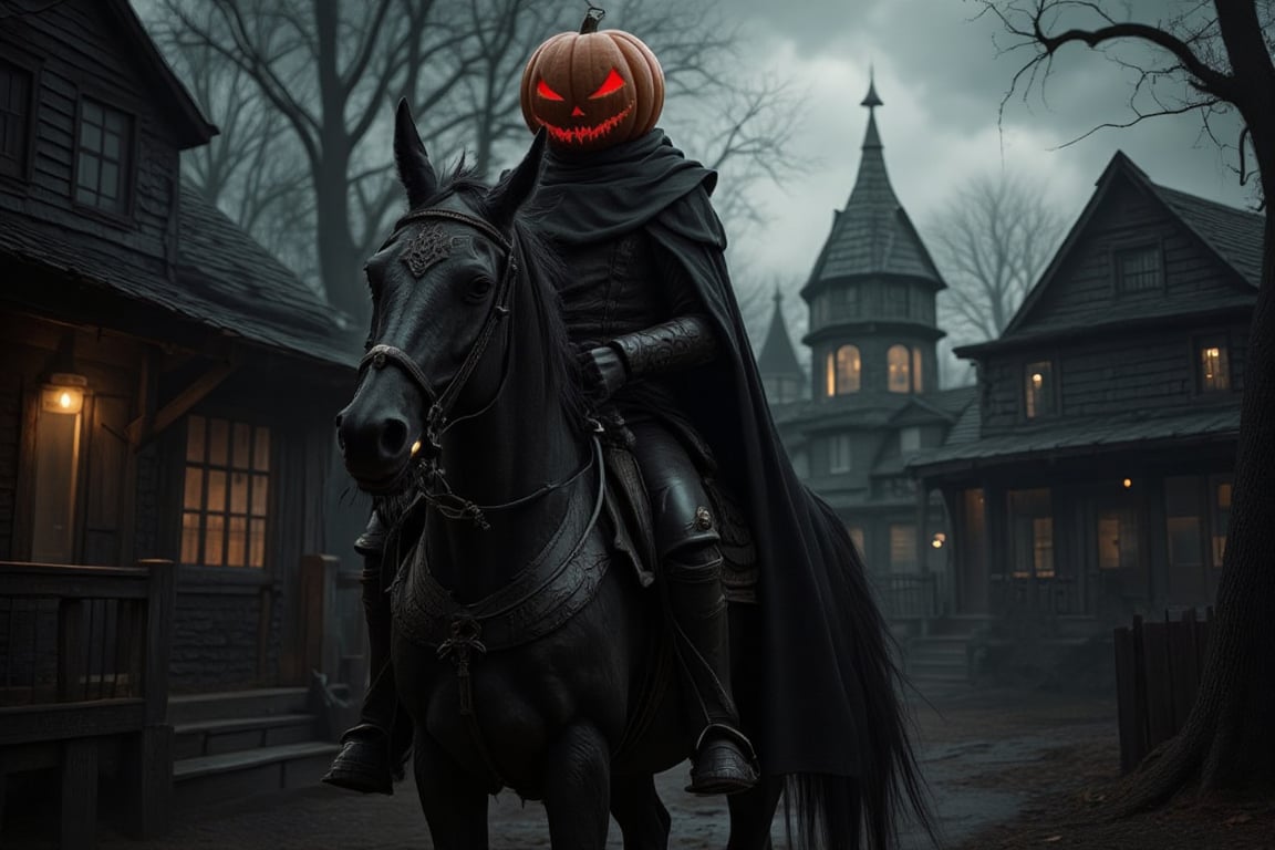 Photorealistic image ((Masterpiece)), ((high quality)) UHD 8K, creates a demon rider with a pumpkin as a head, the headless horseman of Sleepy Hollow, black leather armor, black cape, (sword in the right hand), riding with his demonic steed from hell, gloomy horror movie atmosphere, gloomy and dark atmosphere, through the streets of Sleepy hollow