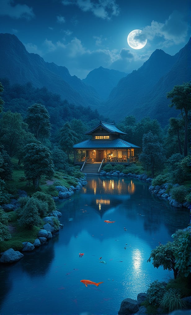 At night, a Japanese pond, fish swim in the water, hidden by mountains, an image of epic fantasy, illuminated by the moonlight.