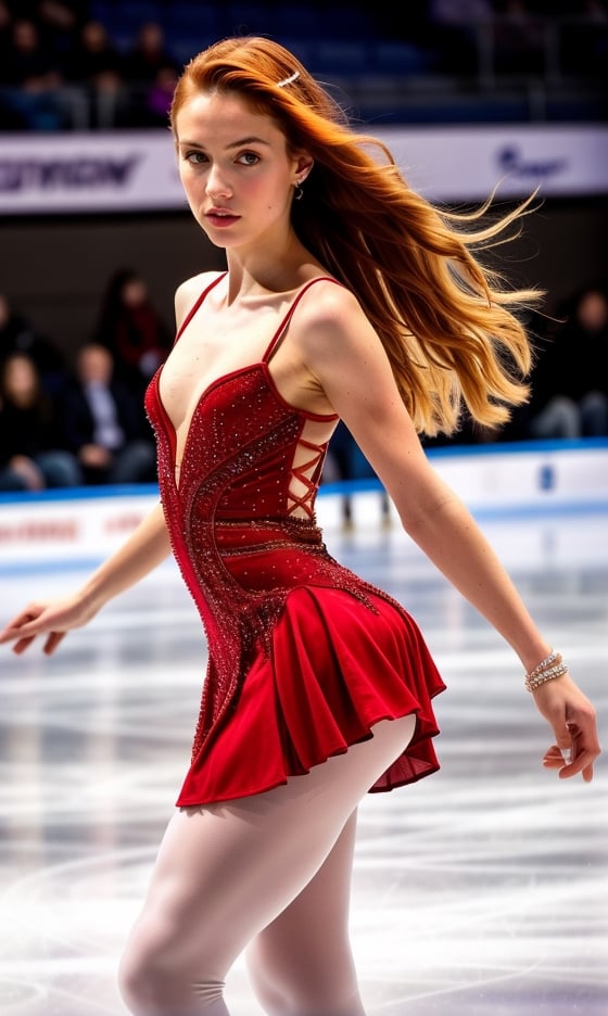 super realistic image, high quality uhd 8K, of 1 girl, detailed realistic ((slim body, high detailed)), skinny waist, (tall model), redhead, long ginger hair, high detailed realistic skin, (ice skating miniskirt dress), in skating championship, real vivid colors,