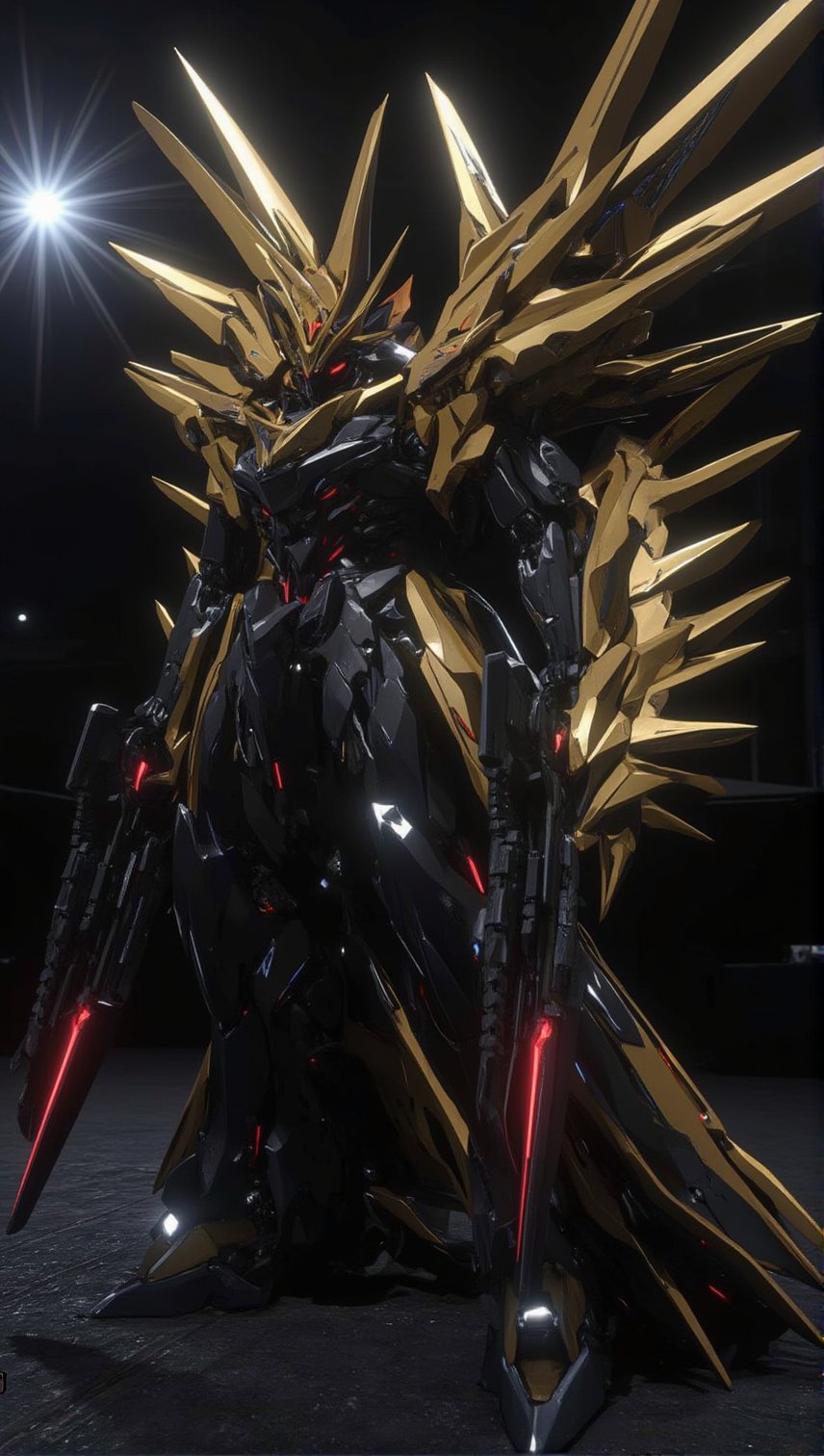 A highly detailed, fierce-looking mecha with a wild and powerful appearance, featuring sharp spikes and massive, advanced weaponry. The mecha has a bold color scheme of golden and black, with piercing red eyes that radiate intensity. Armor plating is layered with intricate textures, adding depth and complexity. Shadows and highlights emphasize the contours of the spikes and guns, giving the mecha a three-dimensional, realistic look. The overall design feels aggressive and unstoppable, standing tall against a dark background with dramatic lighting.