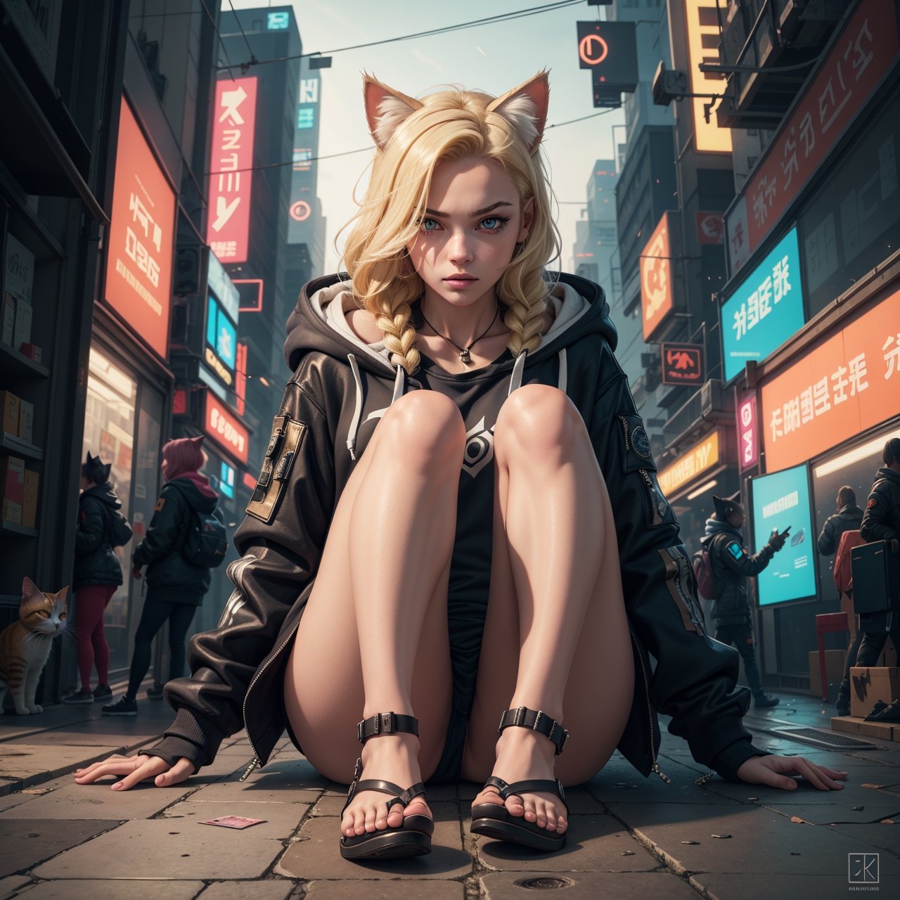 Masterpiece, Best Quality,  1girl, hoodie, dark fantasy theme, looking at viewer, dark eyes, blonde  hair, knees up, flopping down cat ears, LONG HAIR, cyberpunk