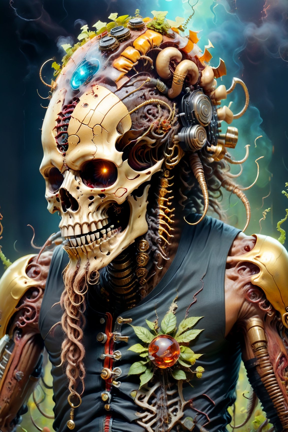 portrait of an infected anthropomorphic lifeform based on friendly human skeleton with an alien-skull for a head with long flowing dreads like bob marley or viking, gold & jewlery encrusted teeth, some facial hair, smoke from head and equipment, gold technology, golden ratio, gold and diamond necklace and jewlery, tattoos on face, A CyberZomb skater punk as a lead singer, singing his heart out into a gold microphone with fungus and mushrooms made of plants, wearing black ripped shirt with "AC/DC" logo on the front, strong studio lighting, h. r. giger and beksinski, highly detailed, golden ratio, tristan eaton, victo ngai, artgerm, vibrant, production cinematic character render, mossy grassfield with mushrooms growing of all kinds, DonMCyb3rN3cr0XL,HellAI,cyberpunk style,Monster,aw0k geometry,biopunk style