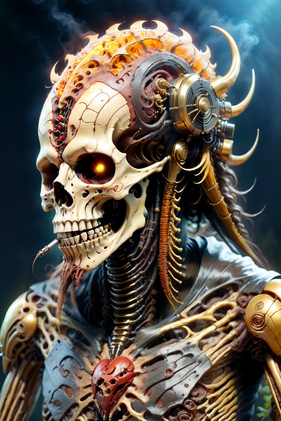 portrait of an infected anthropomorphic lifeform based on friendly human skeleton with an alien-skull for a head with long flowing dreads like bob marley or viking singing his heart out into a gold microphone, gold & jewlery encrusted teeth, some facial hair, smoke from head and equipment, gold technology, golden ratio, gold and diamond necklace and jewlery, tattoos on face, A CyberZomb skater punk as a lead singer, with fungus and mushrooms made of plants, wearing black ripped shirt with "AC/DC" logo on the front, strong studio lighting, h. r. giger and beksinski, highly detailed, golden ratio, tristan eaton, victo ngai, artgerm, vibrant, production cinematic character render, mossy grassfield with mushrooms growing of all kinds, DonMCyb3rN3cr0XL,HellAI,cyberpunk style,Monster,aw0k geometry,biopunk style