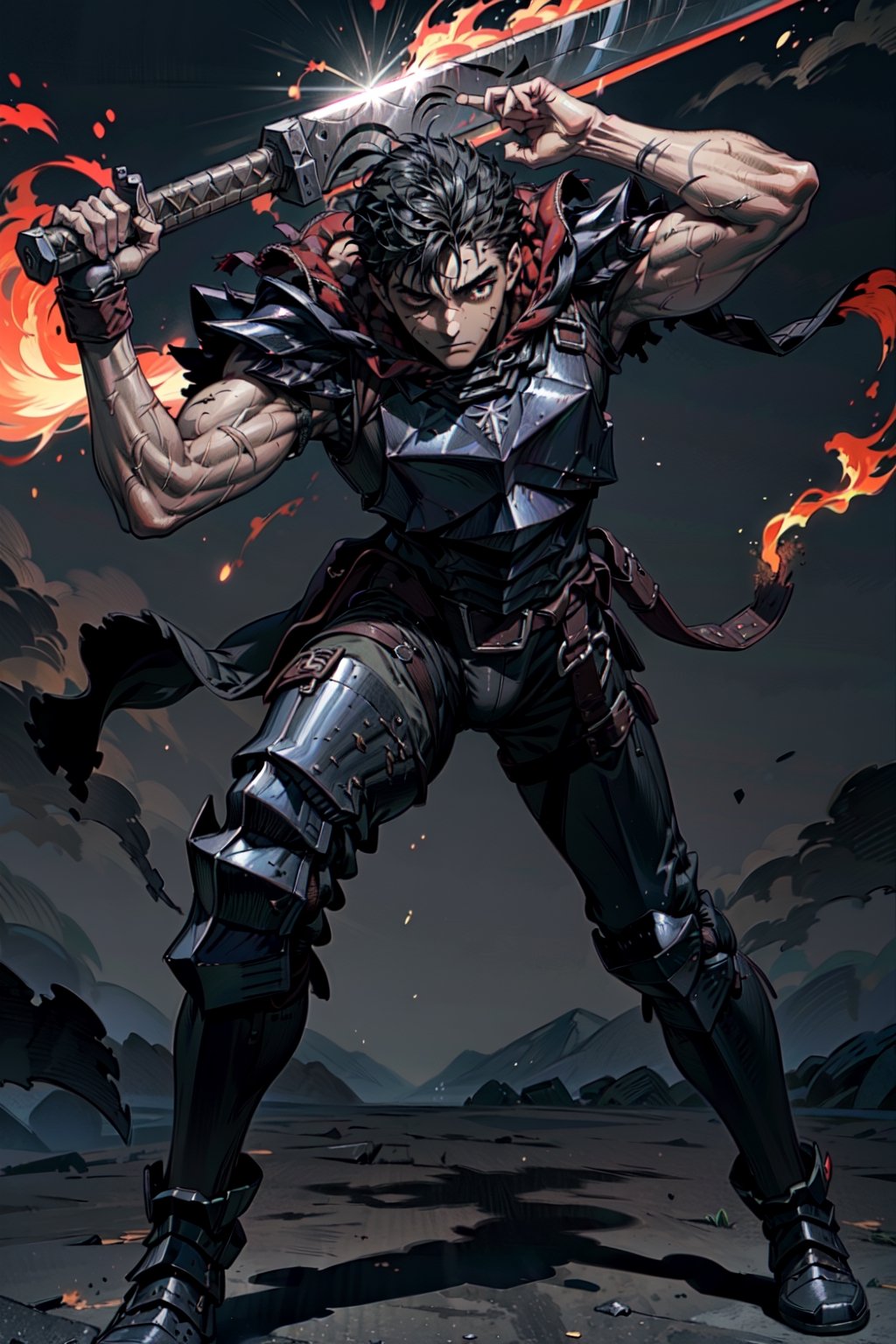 1boy, high detailed full body wide shot of "Guts" in his Berserker Armor from the manga by Kentaro Miura, swinging a giant (buster sword) that is twice his size, left arm is armored black in color and mechanical with a hidden weapon hi-tech, scar, scar on nose, weapon on back (8k, ultra-best quality, masterpiece: 1.2), ultra-detailed, best shadow, detailed hand, hyper-realistic portraits, (detailed background), glowing right eye. Godhand. Set him against a background of an eclipse in raging fire with black flames dancing in the backdrop, creating an inferno-like atmosphere. ((Perfect face)), ((perfect hands)), ((perfect body)), guts \(berserk\), one eye closed