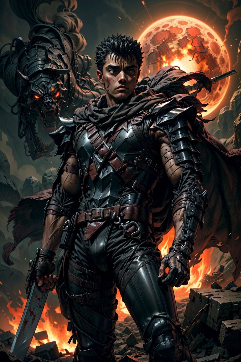 1boy, high detailed full body wide shot of "Guts" in his black Berserker Armor from the manga by Kentaro Miura, swinging a giant "buster sword" that is twice his size, left arm is armored black in color and mechanical with a hidden weapon hi-tech, scar, scar on face, scar on nose, weapon on back, blood moon, red night, traditional media (8k, ultra-best quality, masterpiece: 1.2), ultra-detailed, best shadow, detailed hand, hyper-realistic portraits, (detailed background). Godhand. Set him against a background of an eclipse in a raging fire with black flames dancing in the backdrop, creating an inferno-like atmosphere. ((Perfect face)), ((perfect hands)), ((perfect body)), guts \(berserk\)