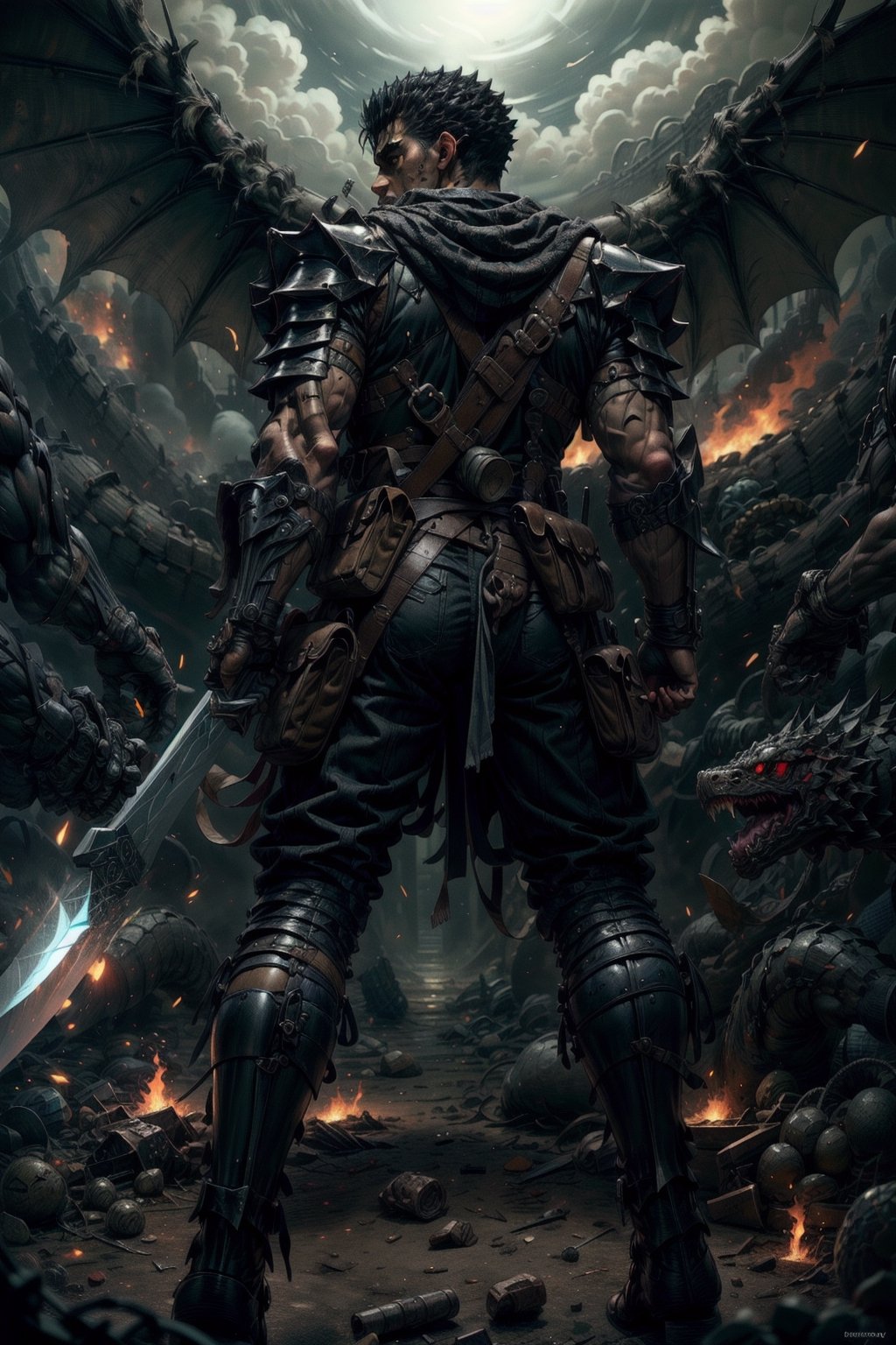 1man, high detailed full body wide shot of "Guts" in his Berserker Armor the protagonist from the anime "Berserk" by Kentaro Miura, reaching behind his back for (holding in right hand) his giant bastard sword that is almost twice size of him, left arm is armored black and mechanical with a hidden weapon, eyes on fire red, bleeding, scars and battle damage, renowned as the "Black Swordsman" a former mercenary and branded wanderer who travels the world. fighting a snake monster, in a constant internal struggle between pursuing his own ends and upholding his attachments to those dear to him. "Guts" is a mercenary who travels from company to company and companionship to companionship. (8k, ultra-best quality, masterpiece: 1.2), ultra-detailed, best shadow,detailed hand, hyper-realistic portraits, (detailed background),guts \(berserk\), guts \(berserk\),one eye closed