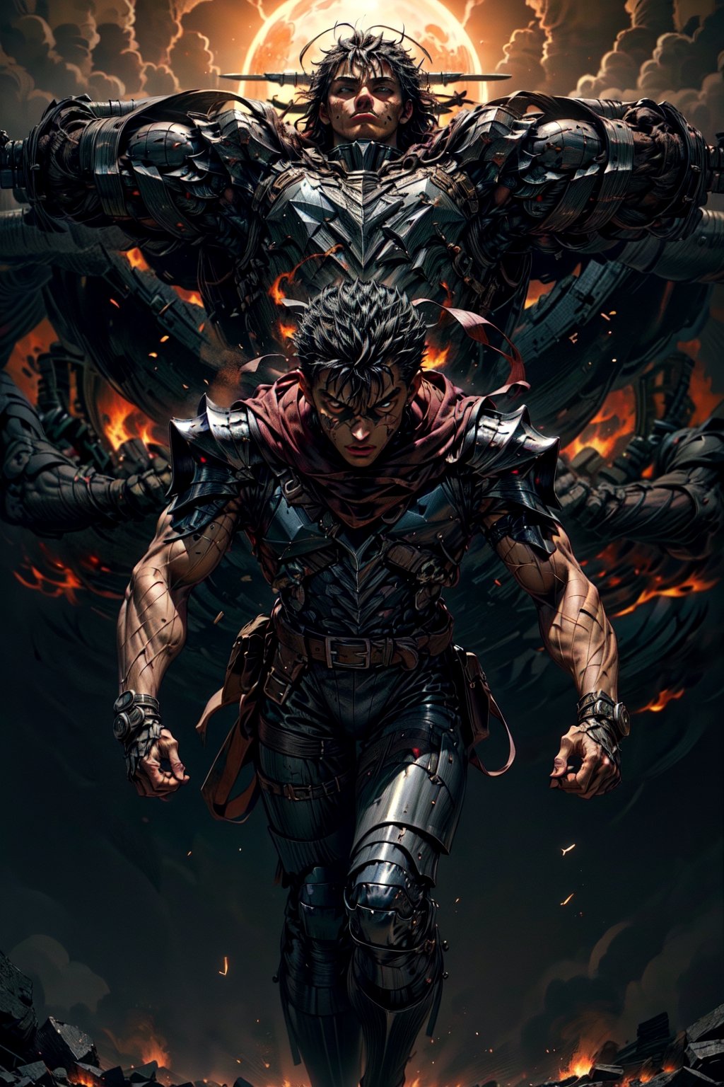 high detailed full body wide shot of "Guts" in his Berserker Armor from the manga by Kentaro Miura, swinging a giant (buster sword) that is twice his size, left arm is armored black in color and mechanical with a hidden weapon hi-tech, scars and battle damage (8k, ultra-best quality, masterpiece: 1.2), ultra-detailed, best shadow, detailed hand, hyper-realistic portraits, (detailed background), glowing right eye. Godhand. Set him against a background of an eclipse in raging fire with black flames dancing in the backdrop, creating an inferno-like atmosphere. ((Perfect face)), ((perfect hands)), ((perfect body)), guts \(berserk\)