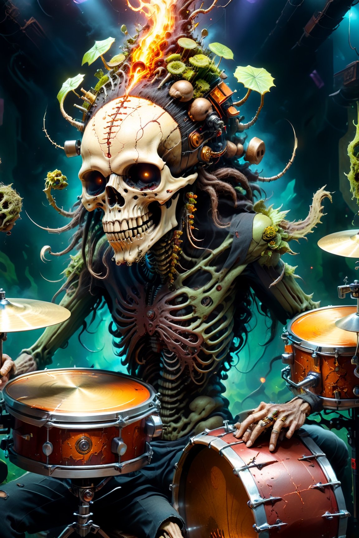 Close posing portrait of an infected anthropomorphic lifeform based on scary human skeleton with an alien-skull for a head with long dreads like bob marley, solid gold decorated teeth, smoking a weed blunt, smoke from head, gold grille, gold and diamond necklace and jewlery, tattoos on face, A CyberZomb skater punk playing drums on a drumset in a nightclub with fungus and mushrooms made of plants, wearing black ripped shirt with "AC/DC" logo, strong studio lighting, h. r. giger and beksinski, highly detailed, golden ratio, tristan eaton, victo ngai, artgerm, vibrant, production cinematic character render, mossy grassfield with mushrooms growing of all kinds, DonMCyb3rN3cr0XL,HellAI,cyberpunk style,Monster,aw0k geometry,biopunk style