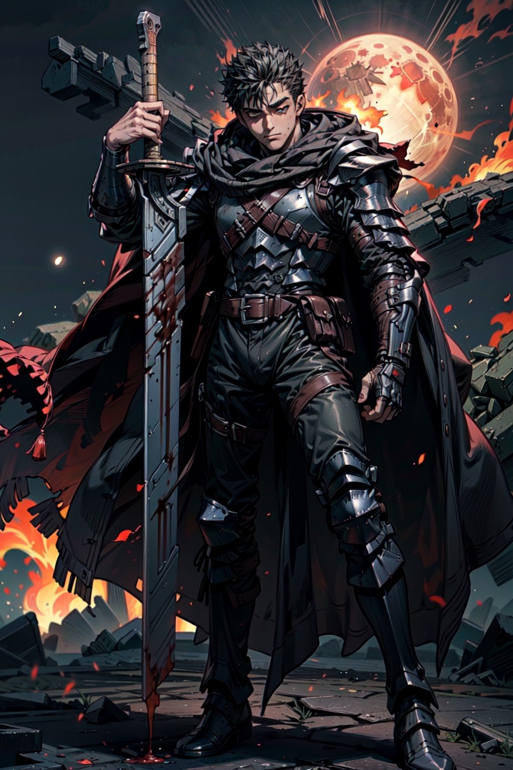 1man, solo high detailed full body wide shot of guts \(berserk\) in his black Berserker Armor from the manga by Kentaro Miura, swinging a giant buster sword that is twice his size, left arm is armored and mechanical with a hidden weapon hi-tech, scar, scar on nose, weapon on back, cape with hood, (8k, ultra-best quality, masterpiece: 1.2), ultra-detailed, best shadow, detailed hand, hyper-realistic portraits, (detailed background), glowing right eye. Godhand red behelit. Set him against a background of an Eclipse Blood Moon in raging fire with black flames dancing in the backdrop, creating a hellish inferno-like atmosphere. ((Perfect face)), ((perfect hands)), ((perfect body)), one eye closed