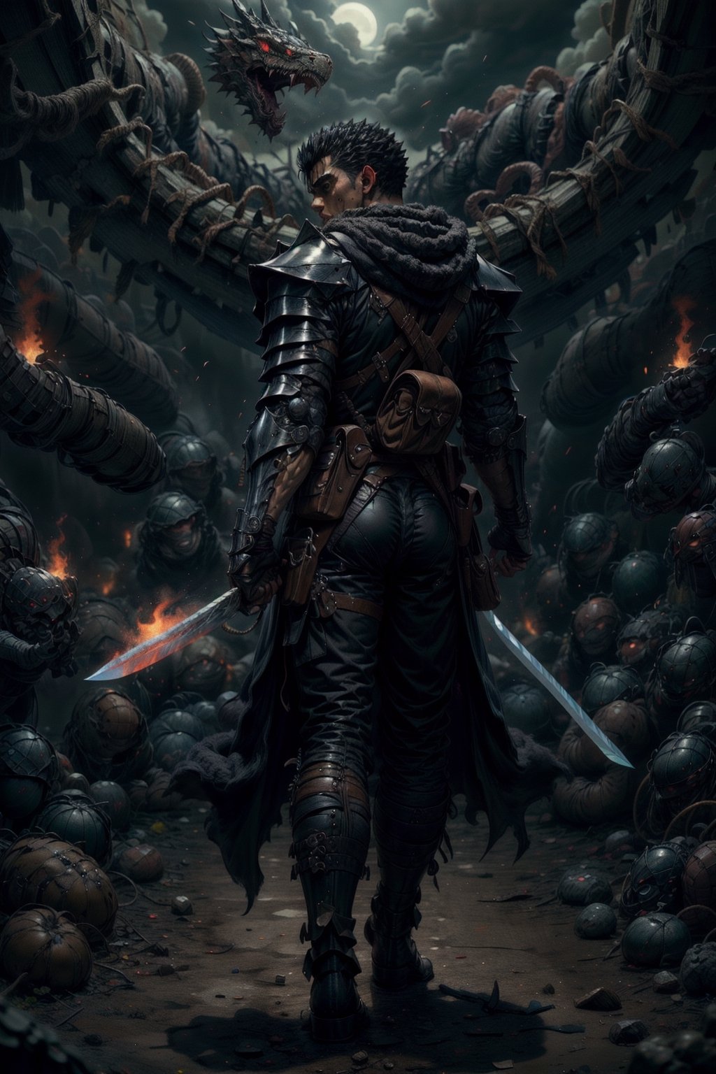 1man, high detailed full body wide shot of "Guts" in his Berserker Armor the protagonist from the anime "Berserk" by Kentaro Miura, reaching behind his back for (holding in right hand) his giant bastard sword that is almost twice size of him, left arm is armored black and mechanical with a hidden weapon, eyes on fire red, bleeding, scars and battle damage, renowned as the "Black Swordsman" a former mercenary and branded wanderer who travels the world. fighting a snake monster, in a constant internal struggle between pursuing his own ends and upholding his attachments to those dear to him. "Guts" is a mercenary who travels from company to company and companionship to companionship. (8k, ultra-best quality, masterpiece: 1.2), ultra-detailed, best shadow,detailed hand, hyper-realistic portraits, (detailed background),guts \(berserk\), guts \(berserk\),one eye closed