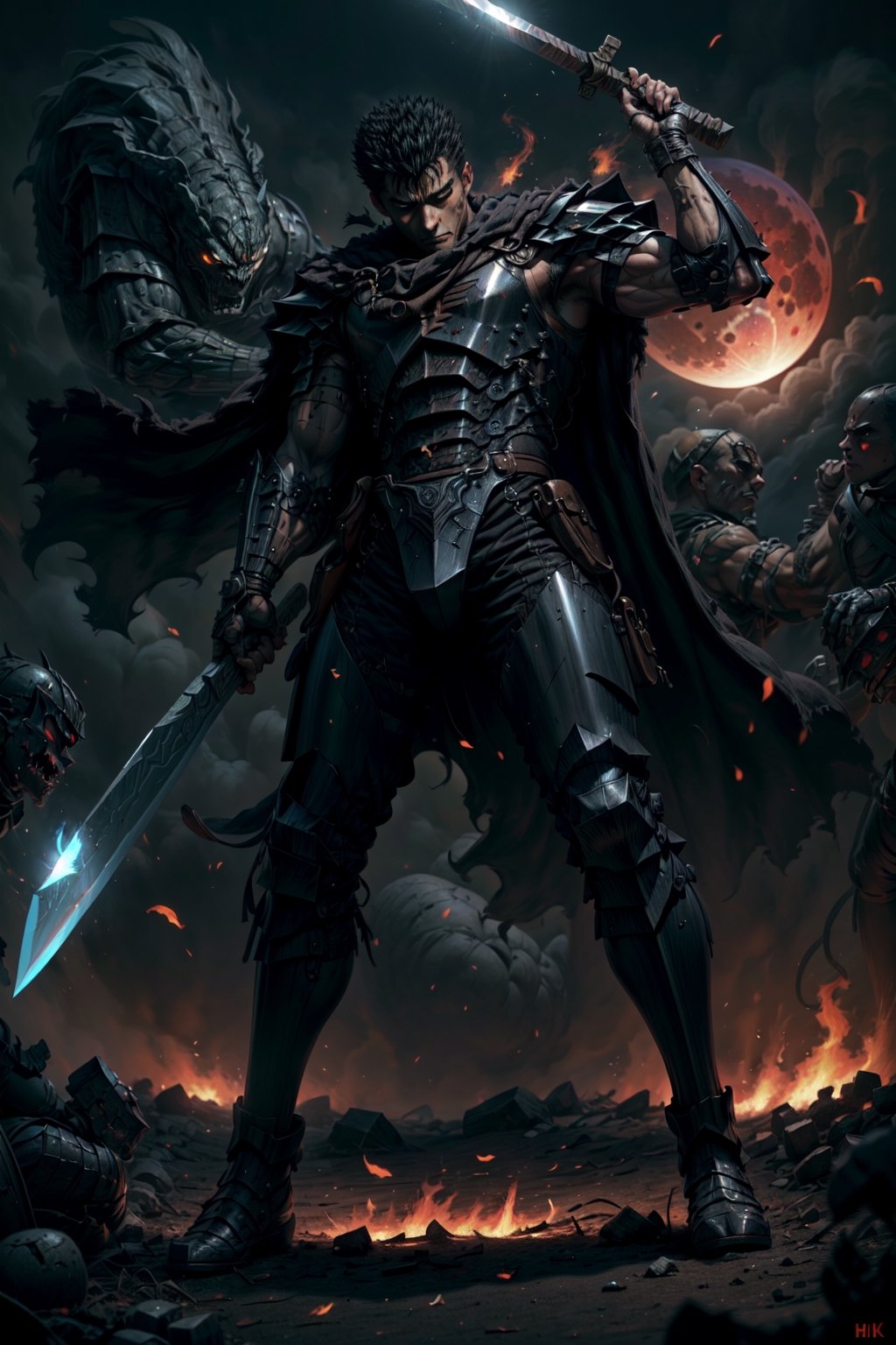 high detailed full body wide shot of 1boy guts \(berserk\) in his black Berserker Armor from the manga by Kentaro Miura, swinging a giant buster sword that is twice his size, left arm is armored and mechanical with a hidden weapon hi-tech, scar, scar on nose, weapon on back, cape (8k, ultra-best quality, masterpiece: 1.2), ultra-detailed, best shadow, detailed hand, hyper-realistic portraits, (detailed background), glowing right eye. Godhand red behelit. Set against a background of an Eclipse Blood Moon in raging fire with black flames dancing in the backdrop, creating a hellish inferno-like atmosphere. ((Perfect face)), ((perfect hands)), ((perfect body)), one eye closed